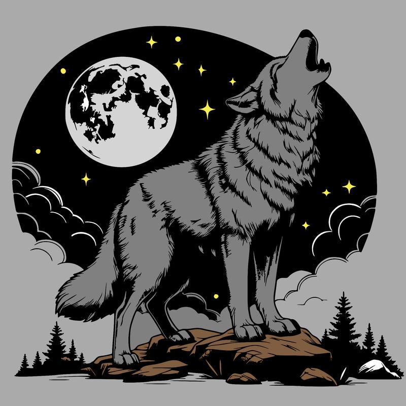 realistic wolf howling at moon