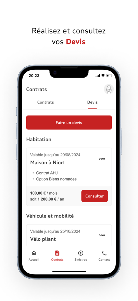 MAIF - Assurances auto, maison - Schermata dell'app assicurativa MAIF che mostra la dashboard dei preventivi per assicurazioni casa e mobilità.