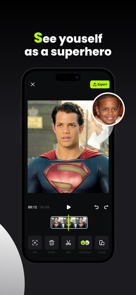 FaceSwapper app interface showing a face swap of a boy onto Superman character in a video editor