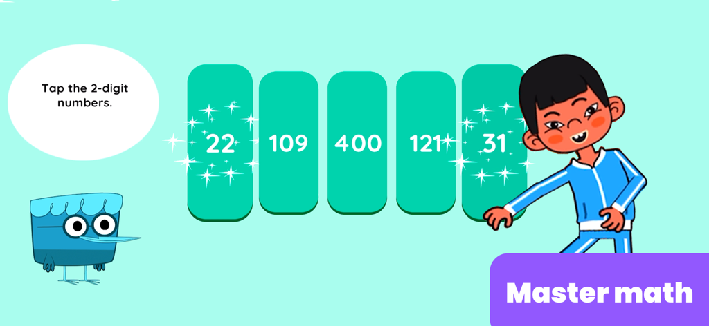 Educational math game screen for kids identifying two-digit numbers