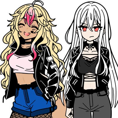 anime girl with a long messy hair wearing a crop top and a leather jacket standing next to another anime girl with long hair wearing a leather jacket