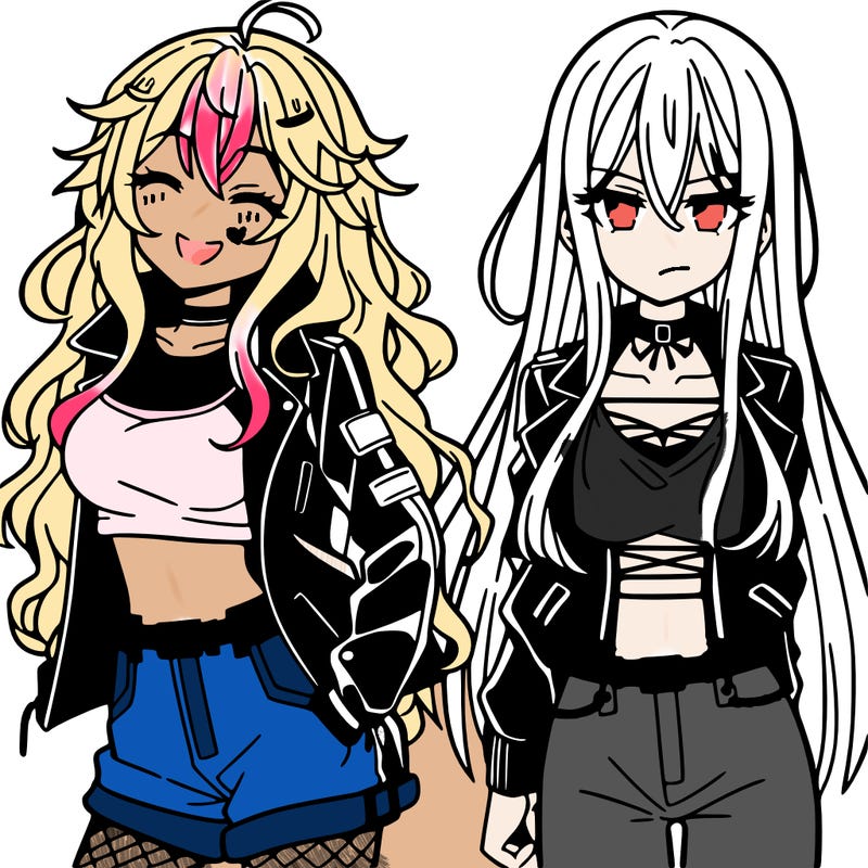 anime girl with a long messy hair wearing a crop top and a leather jacket standing next to another anime girl with long hair wearing a leather jacket