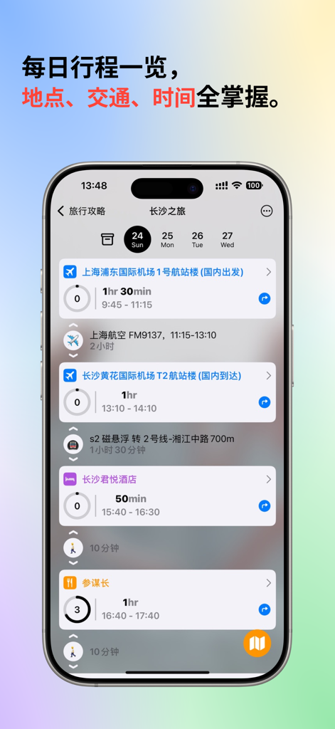 企途 - 行程规划 - Smartphone screenshot showing a daily travel itinerary with a detailed timeline of flights, transport, and hotel stays in a clean list format.