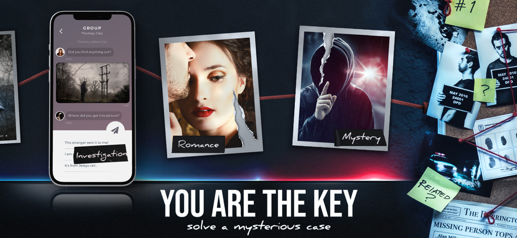 Promotional banner for the game Duskwood featuring a chat screen and photos illustrating romance and mystery elements