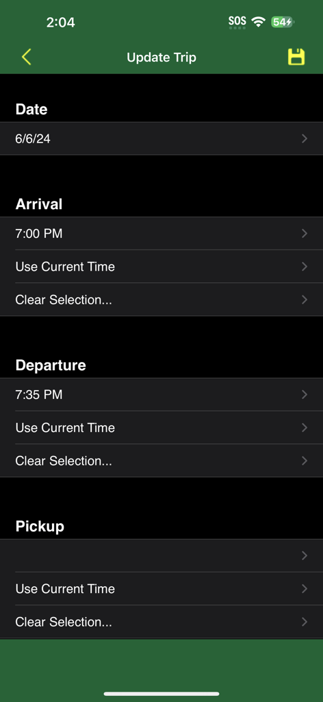 Track My Mileage And Time - Interface of the app showing fields for updating trip date arrival and departure times