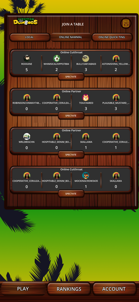 Jamaican Style Dominos Online - Lobby menu displaying active online tables for Cutthroat and Partner domino games.