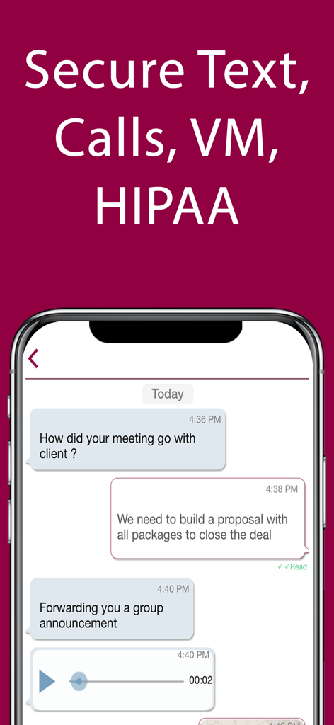 iPlum app interface showing secure business messaging and HIPAA compliant communication features