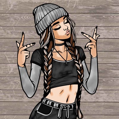 realistic teenage girl with braids and a beanie and crop top doing 🫶🏼