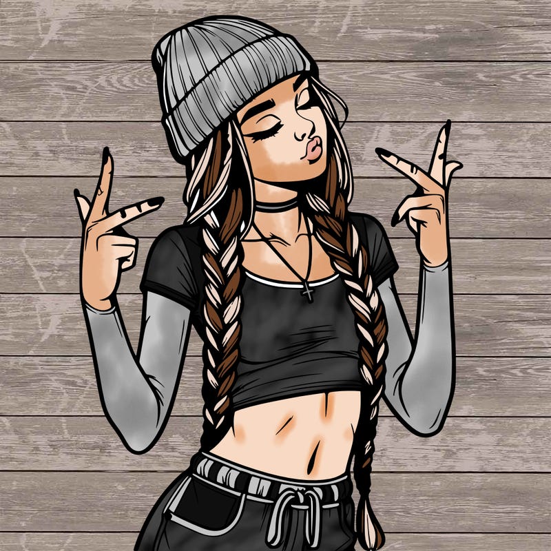 realistic teenage girl with braids and a beanie and crop top doing 🫶🏼