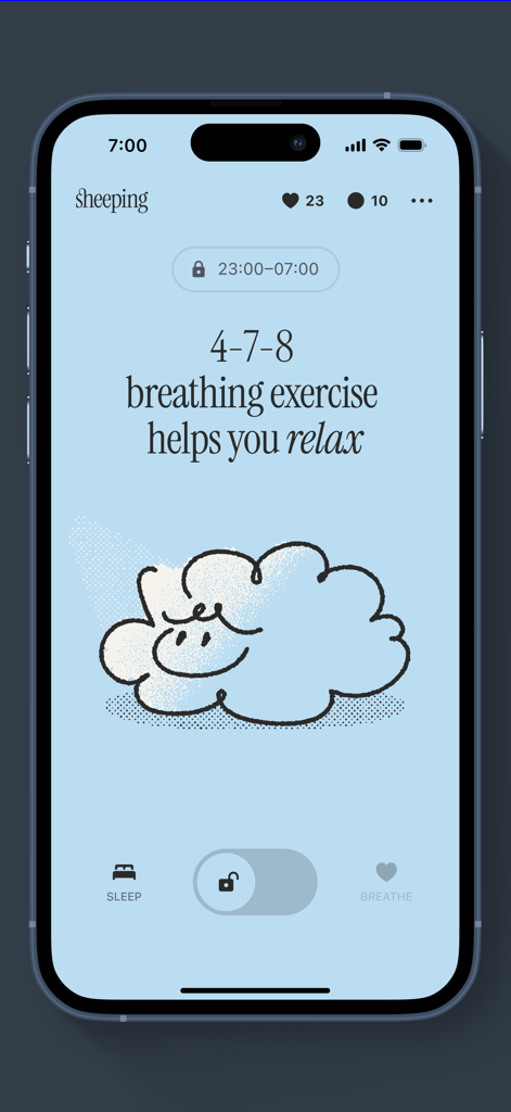 Sheeping: Sleep & App Block - Sheeping App Bildschirm mit einer 4-7-8 Atemübung, die den Benutzern hilft, sich vor dem Schlafengehen zu entspannen