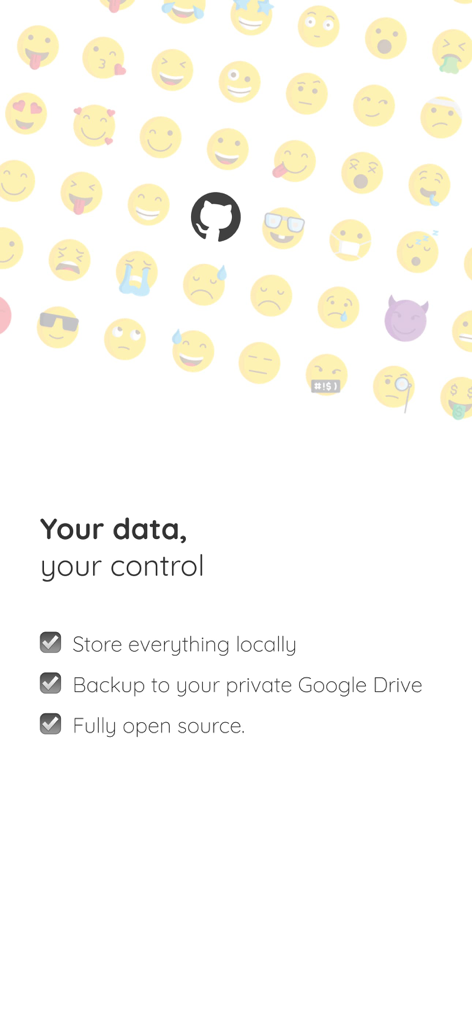 StoryPad: My Diary Journal - Screen showing StoryPad diary app's privacy features: local storage, private Google Drive backup, and open source status.