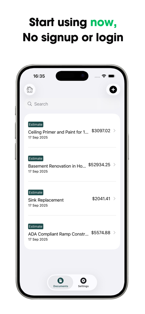 AI Cost Estimates 4 Contractor - AI 비용 견적 앱 화면의 건설 프로젝트 견적 목록