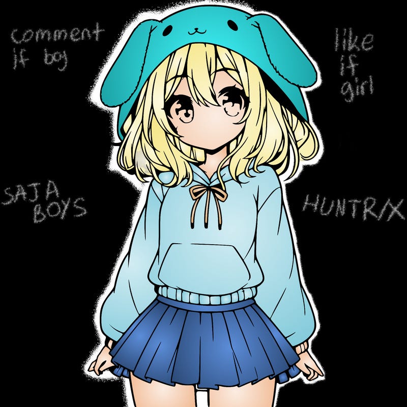pretty anime girl wearing a fluffy hoodie with bunny ears on the hood and a skirt