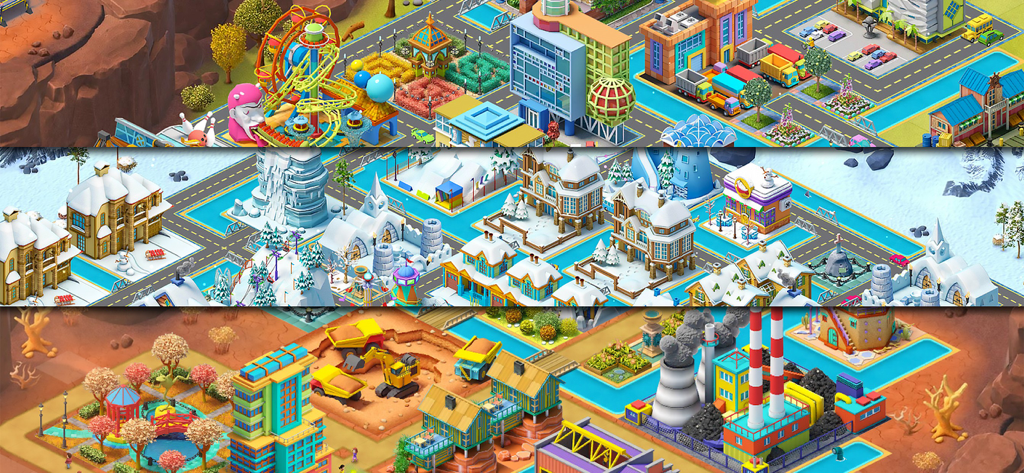 Town City - Building Simulator - A collage showing three different city environments in Town City Building Simulator including an amusement park a snowy town and an industrial zone