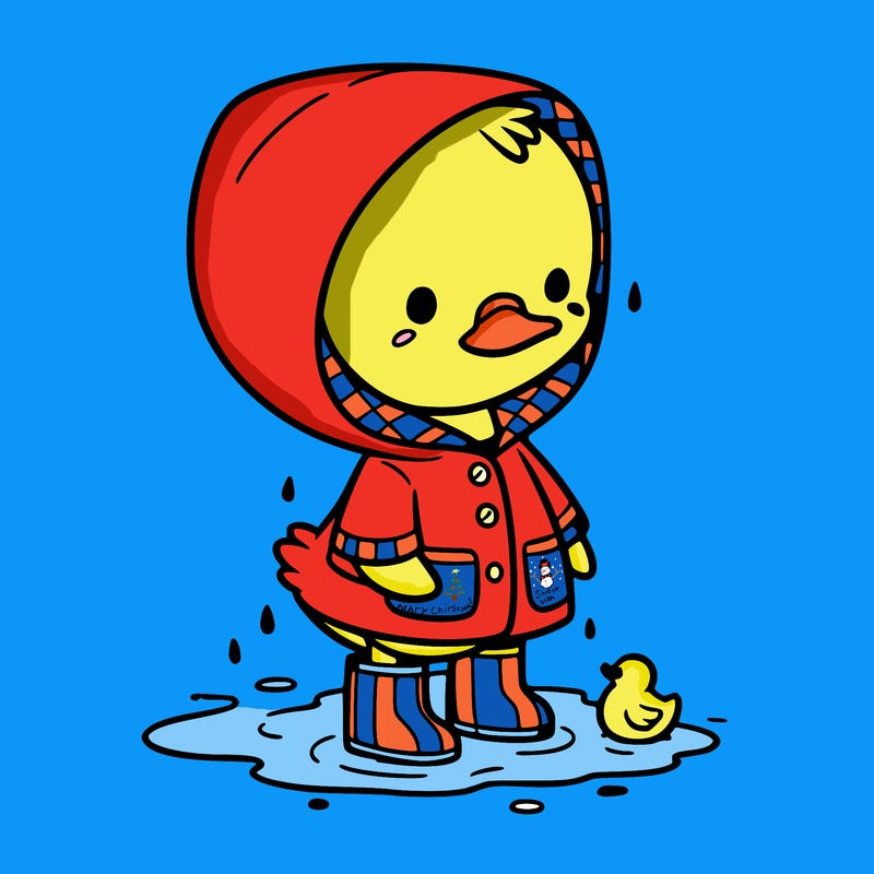 baby duck in a rain coat and boots, in a puddle while it’s raining