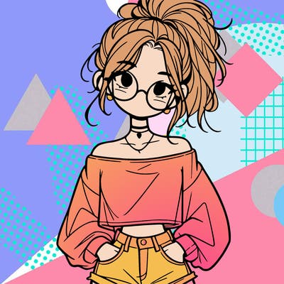 girl with a messy ponytail glasses a baggy crop top and jean shorts