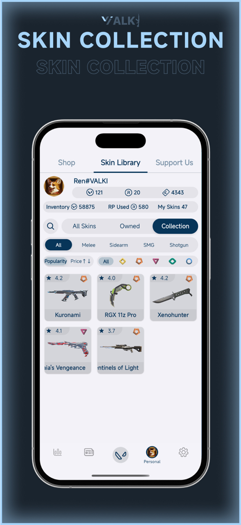 VALKI app interface showing the skin library and weapon collection for Valorant.