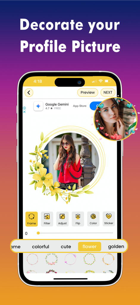 Social Profile Maker - Interfaz de la aplicación Social Profile Maker mostrando una foto de perfil decorada con un marco floral amarillo y herramientas de edición