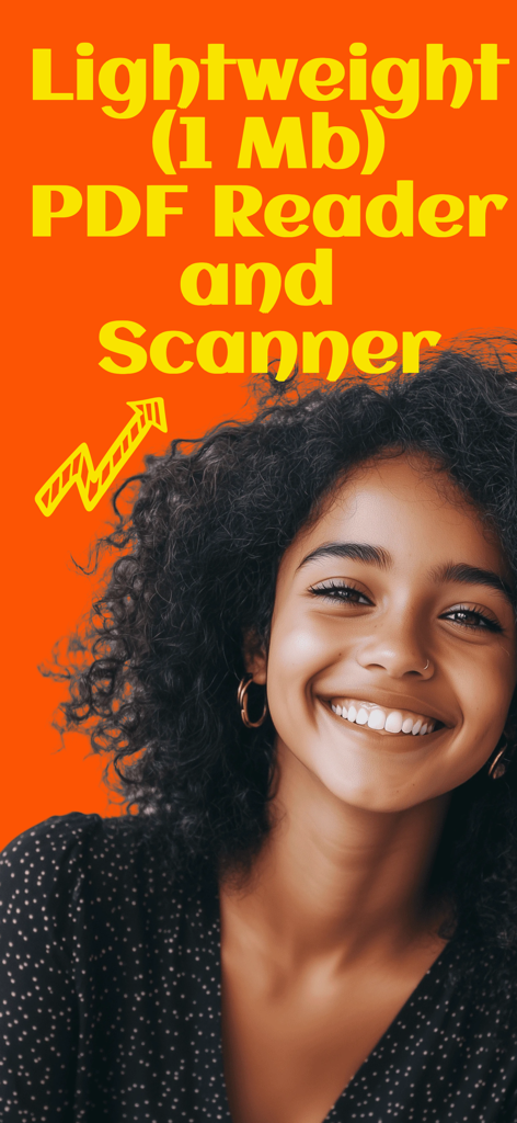 Eine lächelnde Frau neben gelbem Text, der für eine leichtgewichtige 1-MB-PDF-Reader- und Scanner-App wirbt