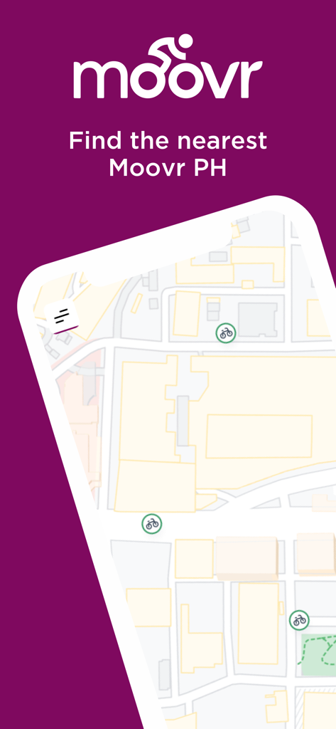 Moovr PH app interface showing a map with locations of nearby bikes and e-scooters.