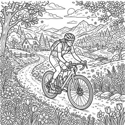Embark on an artistic journey with this delightful coloring page featuring a gravel bike enthusiast amidst a vibrant spring landscape. Discover blooming flowers, rolling hills, and a serene countryside as you bring this scene to life.