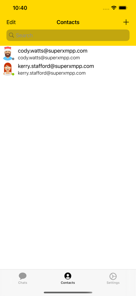 Snikket - Interface of the Snikket messaging app showing the contacts list with XMPP addresses.