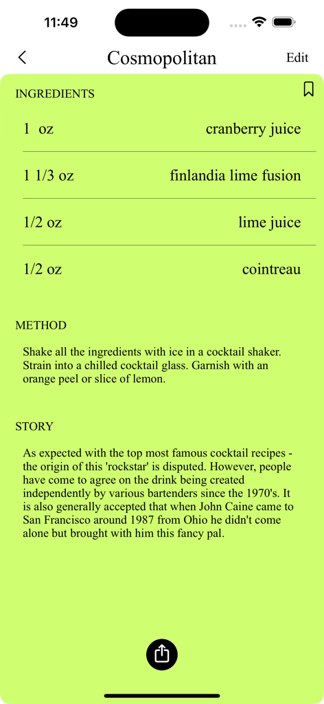 A clean and minimalist mobile app screen displaying the ingredients and preparation method for a Cosmopolitan cocktail