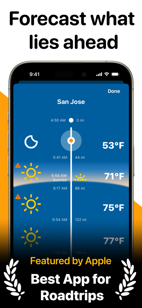 A mobile phone showing a timeline of weather forecasts along a travel route with temperatures and sun icons