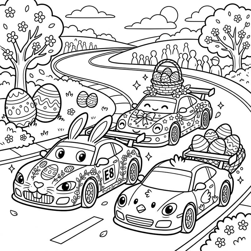 Get ready for an eggs-tra special race with this charming Easter-themed coloring page! Three adorable race cars, dressed up as a bunny, a happy car with a basket, and a cute chick, are speeding into a festive celebration, perfect for sparking creativity in kids.