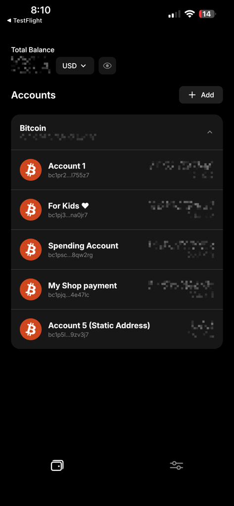 Mycelium Wallet - Mycelium Wallet app screen showing a list of multiple Bitcoin accounts with custom labels like Spending Account and My Shop payment