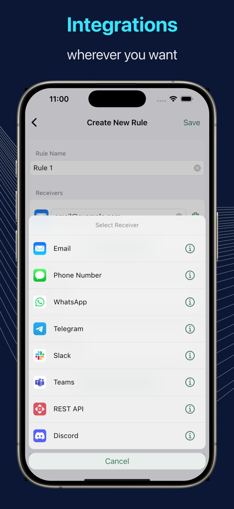A menu showing various platforms for forwarding SMS messages including Email, WhatsApp, Slack, Teams, and Discord.