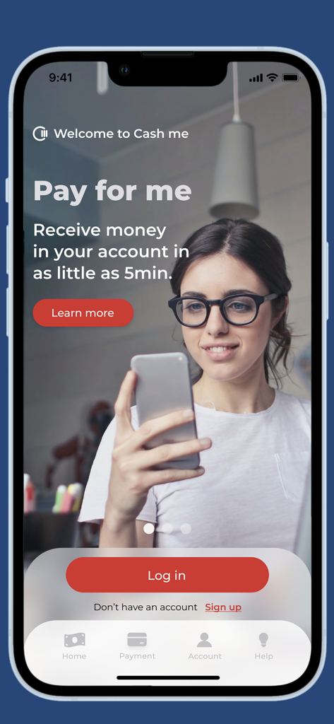 CashMe GC - Welcome screen of CashMe GC finance app with login button and loan information