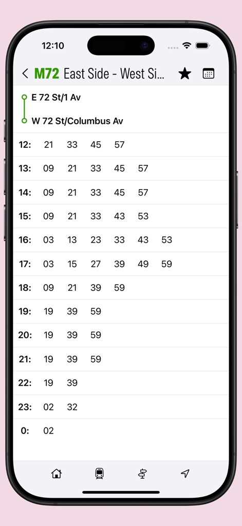 Transit: offline schedules - Screenshot of the Transit offline schedules app displaying a detailed bus timetable for the M72 route