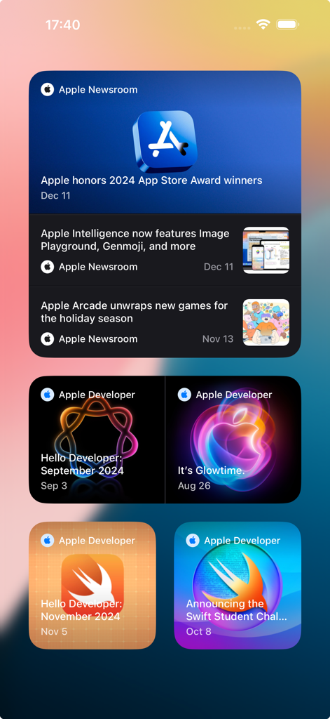 Feedero - A display of Feedero RSS reader widgets on an iOS home screen featuring Apple news and developer updates