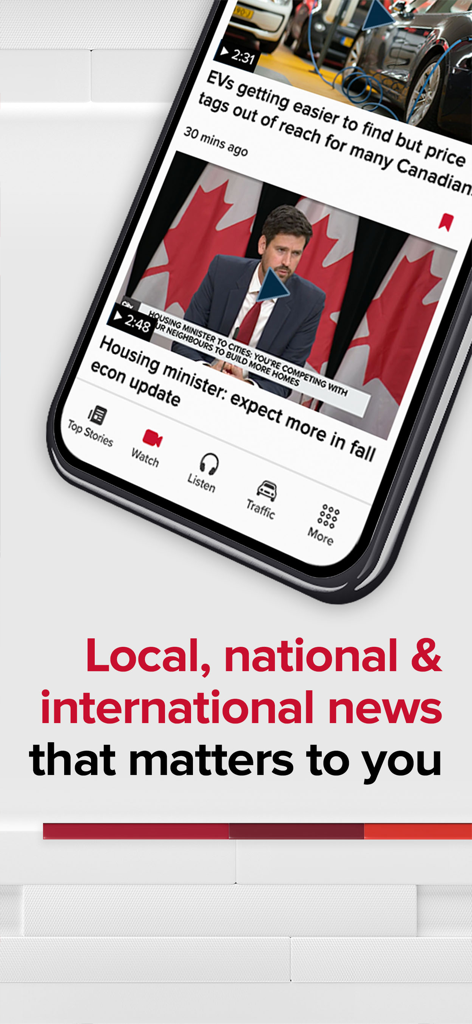 CityNews - CityNews mobile app interface displaying local and national news stories with navigation options for live video and radio.