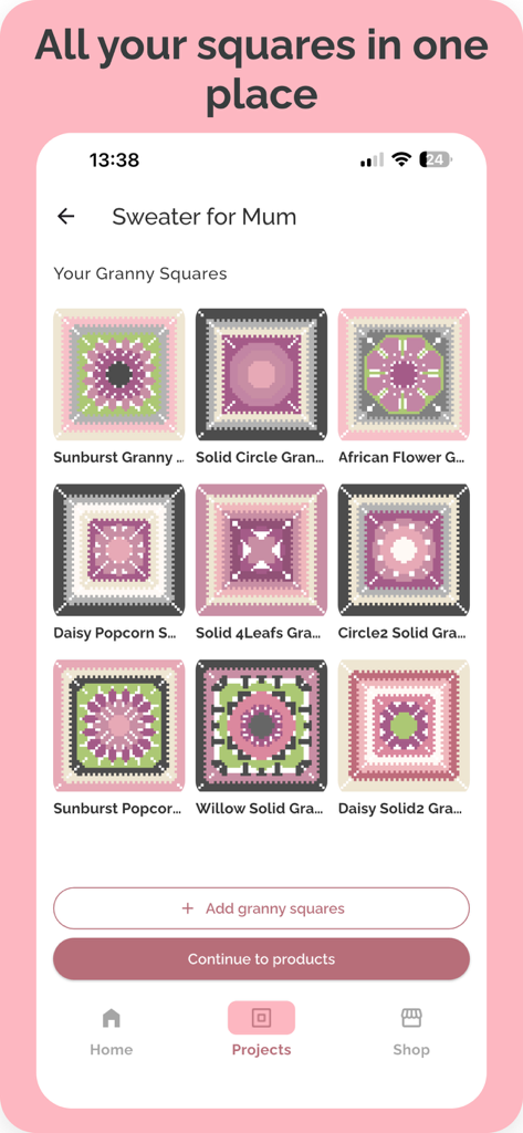 A mobile app screen showing a collection of colorful granny square designs for a crochet project titled Sweater for Mum.