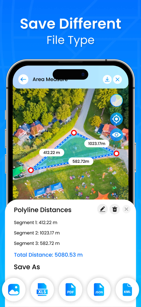GPS Field Area & Land Measure - Interface of the GPS Field Area app showing file export options including PDF XLS JSON and KML for land measurements