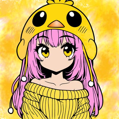 anime girl with chick shaped hat with sweater with bare shoulders with bangs covering them one eye with low tail