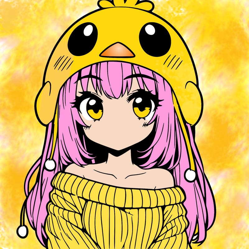 anime girl with chick shaped hat with sweater with bare shoulders with bangs covering them one eye with low tail