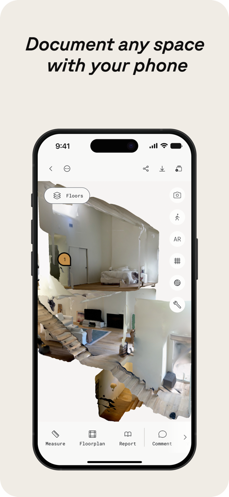 Polycam app displaying a 3D interior scan of a residential space on an iPhone