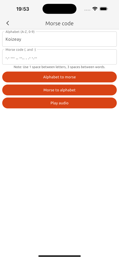 Toolbox (By Koizeay) - Interface of the Morse code converter tool within the Toolbox app showing text to morse translation