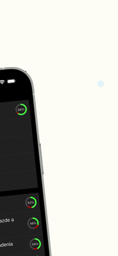 Statistics screen of the Slovak driving school app showing progress percentages