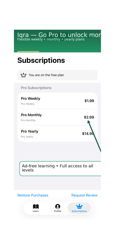 Learn Quran Reading by-Steps - Iqra app subscription screen displaying weekly monthly and yearly Pro membership options