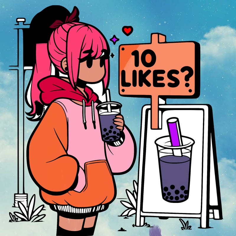 girl with oversized hoodie drinking boba and she has a high ponytail with a sign that says 10likes?