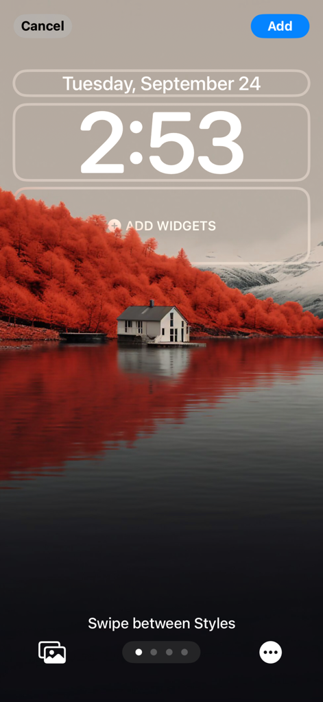A preview of an iPhone lock screen customization within the Walli app featuring a scenic nature wallpaper with a house by a lake and red autumn trees.