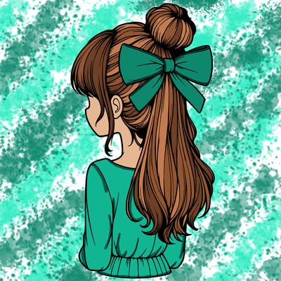 realistic girl  with hip length hair a bun and a big bow on the back of head