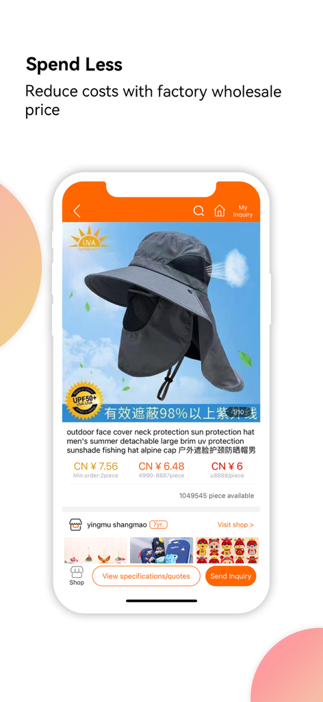 Interface do aplicativo YiwuGo mostrando preços de atacado direto da fábrica para um chapéu de sol para atividades ao ar livre