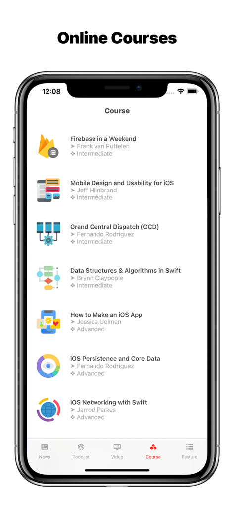 iDev: Developer News - A screen from the iDev app listing online courses for iOS developers including topics like Swift and Firebase