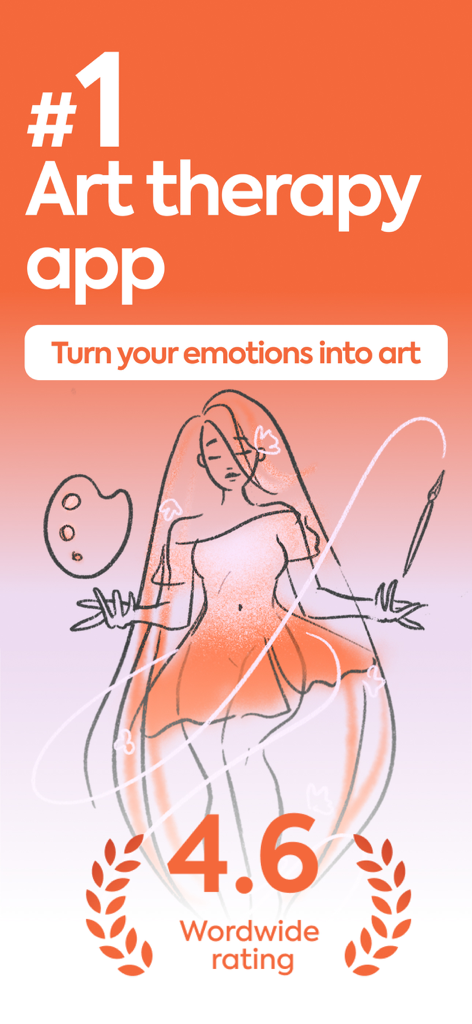 Promotional graphic for LINA Art Therapy app featuring an illustration of a woman with a paintbrush and a 4.6 star worldwide rating
