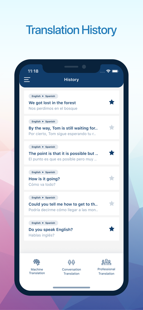 Tela de smartphone mostrando o histórico de traduções do aplicativo Translate.com com várias entradas de frases de inglês para espanhol